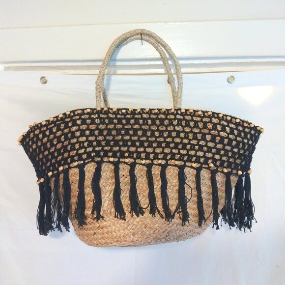 Handmade Braided Straw Basket Tote Boho Crochet Beaded Trim Drawstring Bag - Picture 2 of 10